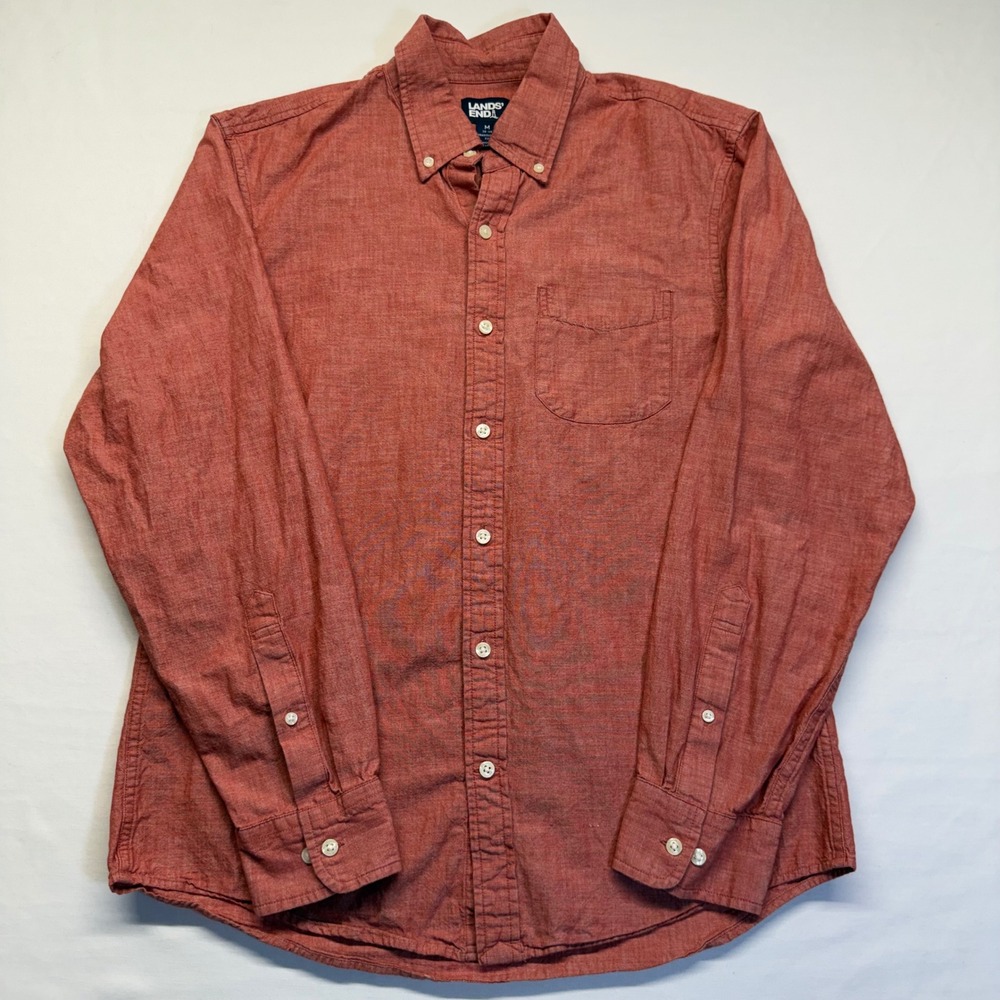 Lands' End Button Down Shirt M Rust Red Men Traditional Fit 100% Cotton Chambray
